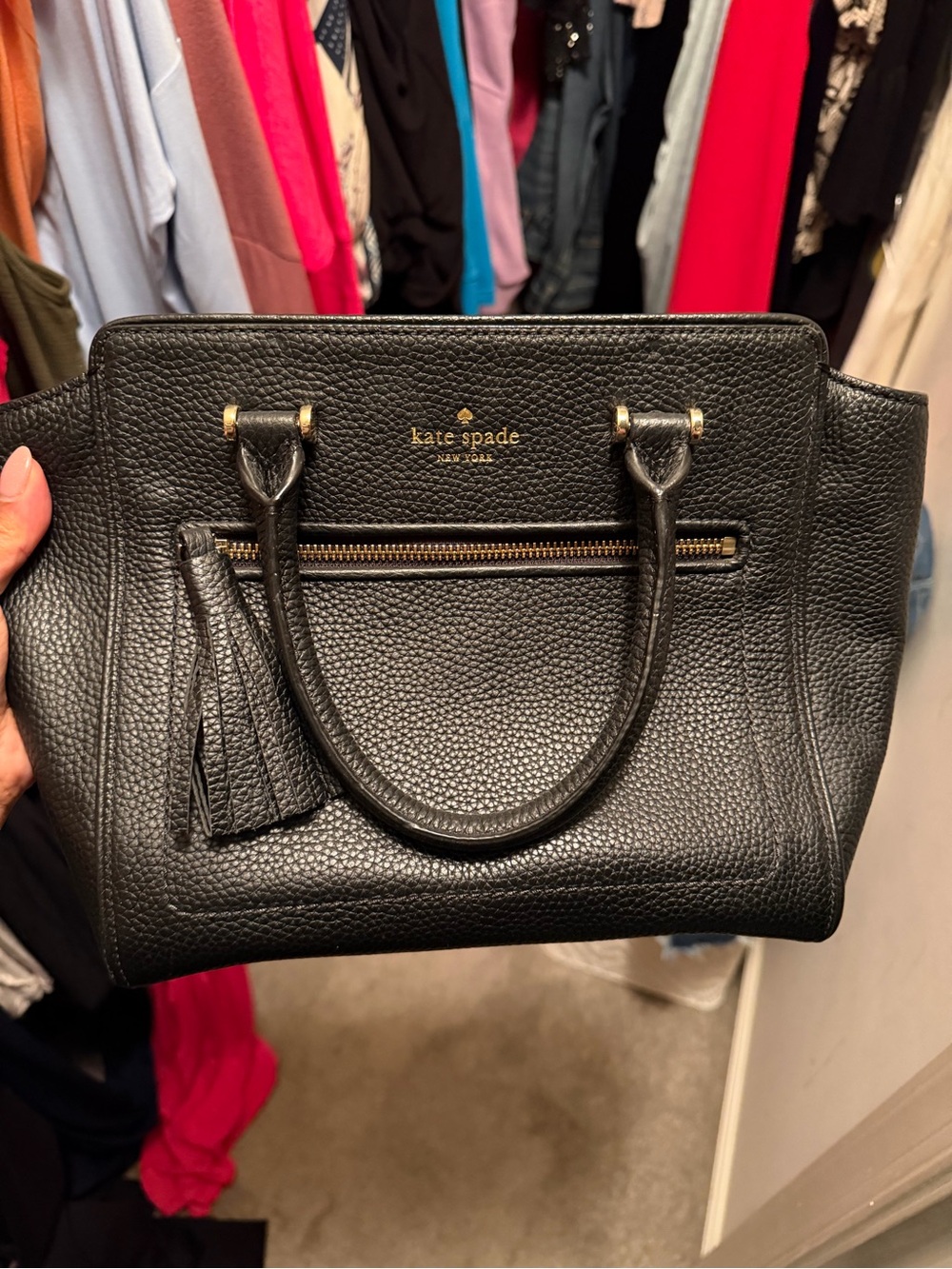 kate spade Black Pebbled Leather Satchel with Tassel
